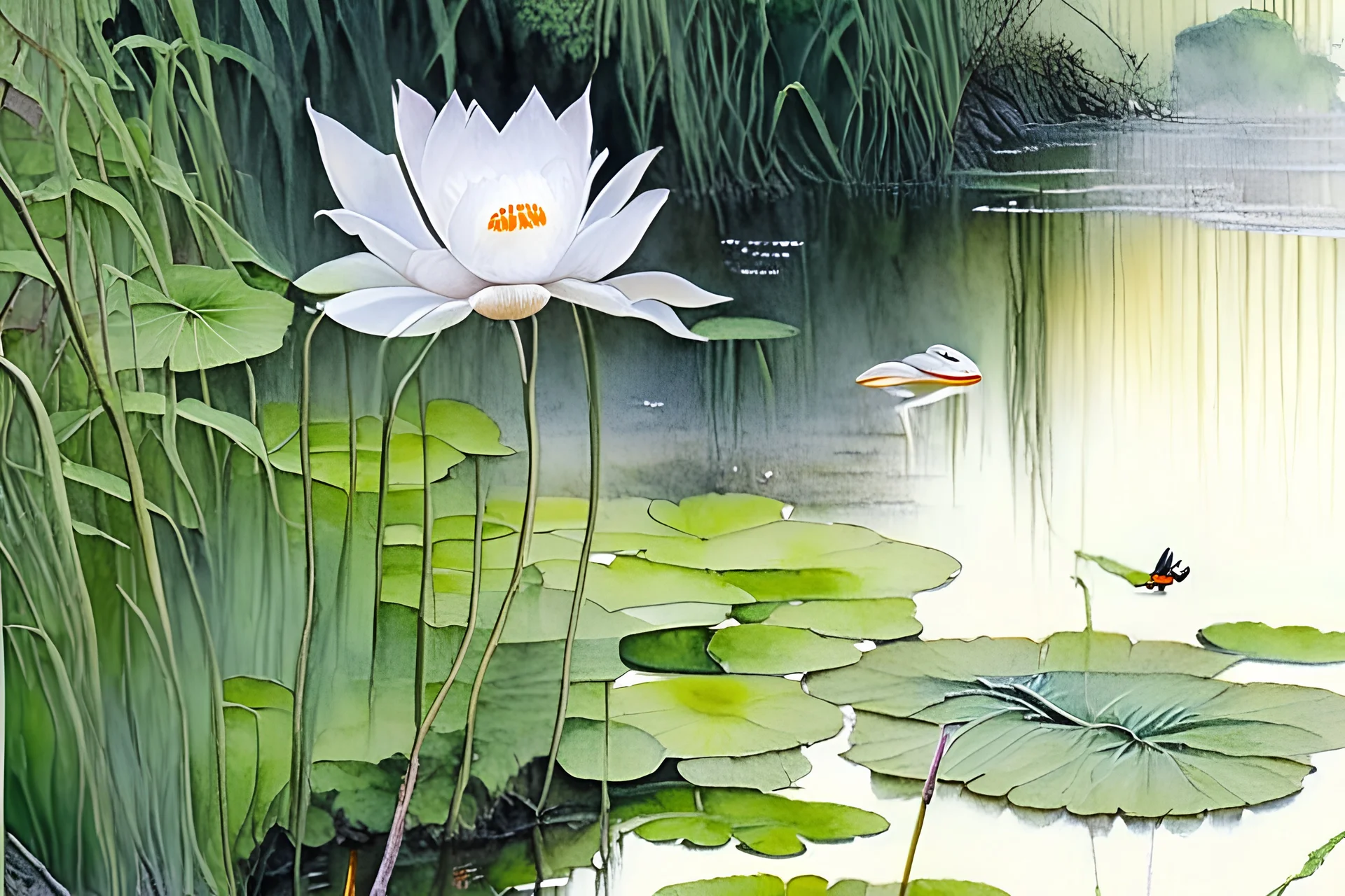 Masterpiece, best quality, runny watercolor painting of lotus flowers, growing in a ditch, with a heron standing on the bank of the ditch, surrounded by ancient trees, ultra sharp detail