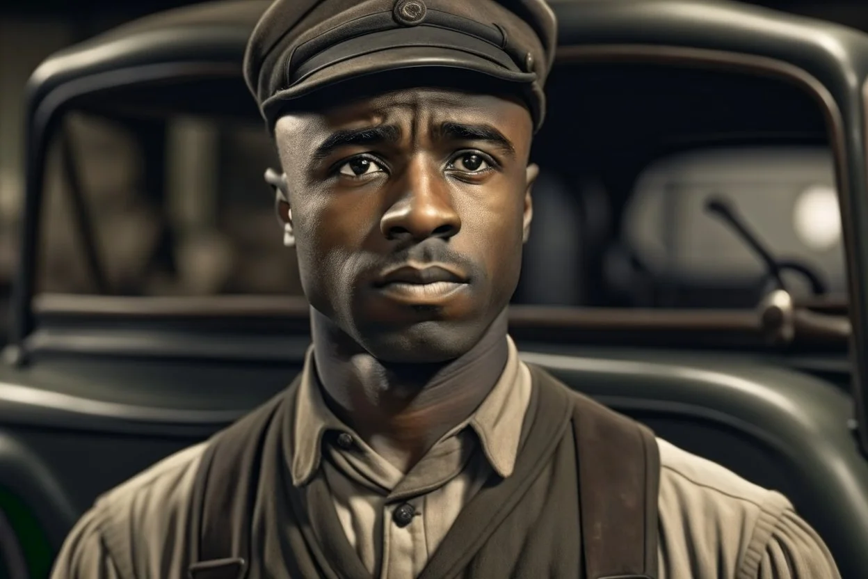 ww1 black driver talking close-up standing up looking to the camera, garage background, normal color pallete