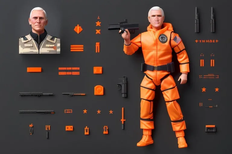 packaging label Mike pence g.i. joe toy With a gun space force uniform action figure, fluorescent orange, pricetag, snowcat whole body