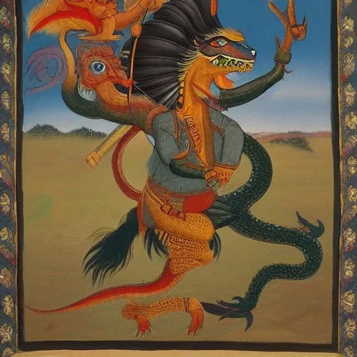 ancient indian yali mythical creature fighting a dragon painting