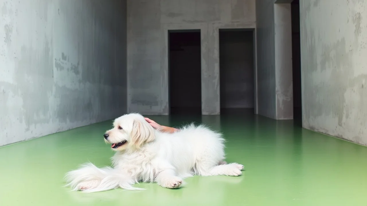 A woman with ash-blonde hair sits on the bright green floor of a concrete room, petting a long-haired white dog. The room has a minimalist aesthetic with light concrete walls and dark openings leading to other areas.