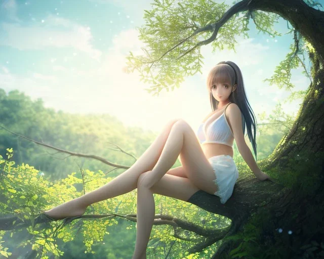 a detailed illustration of a anime girl sitting on a tree branch, luminescent body, glinting spread wings, realistic, soft and smooth glowing wings, soft feathers, macro lens, sharp focus, meticulously detailed, soft studio lighting, smooth blurred gradient evening sky background, 64k