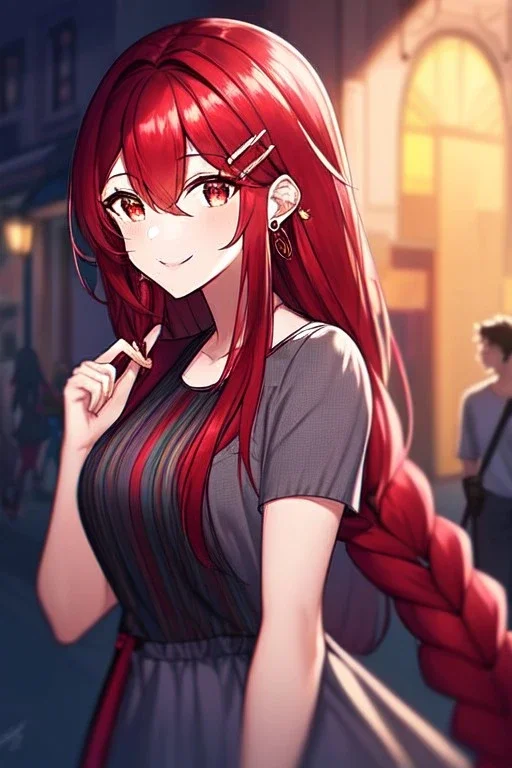 girl, masterpiece, best quality, cinematic lighting, detailed outfit, vibrant colors, perfect eyes, red hair, red eyes, long hair, braided ponytail, hairclip, earrings, smile, casual clothes,