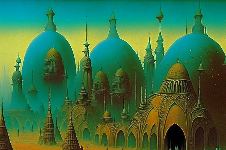 A surreal city with arches and domes by artist "Zdzisław Beksiński"