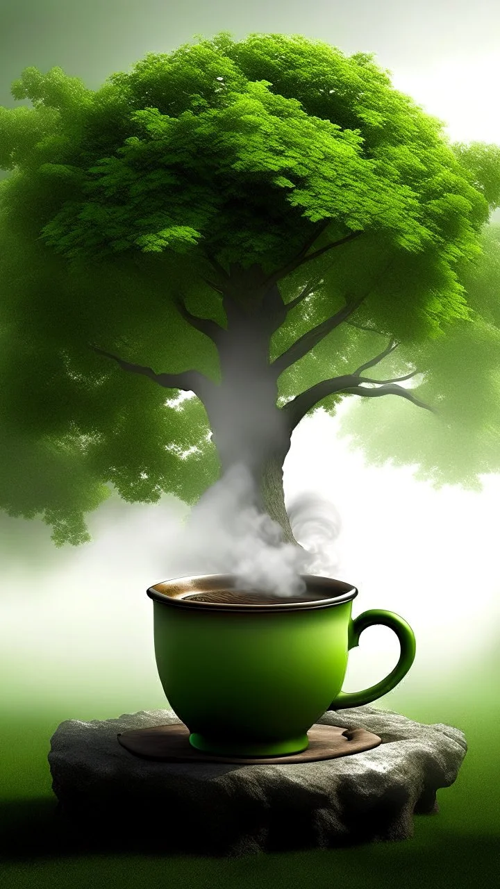 A majestic sycamore tree standing tall and proud, with a steaming cup of coffee resting at its base, inviting you to take a break and enjoy the serene surroundings.