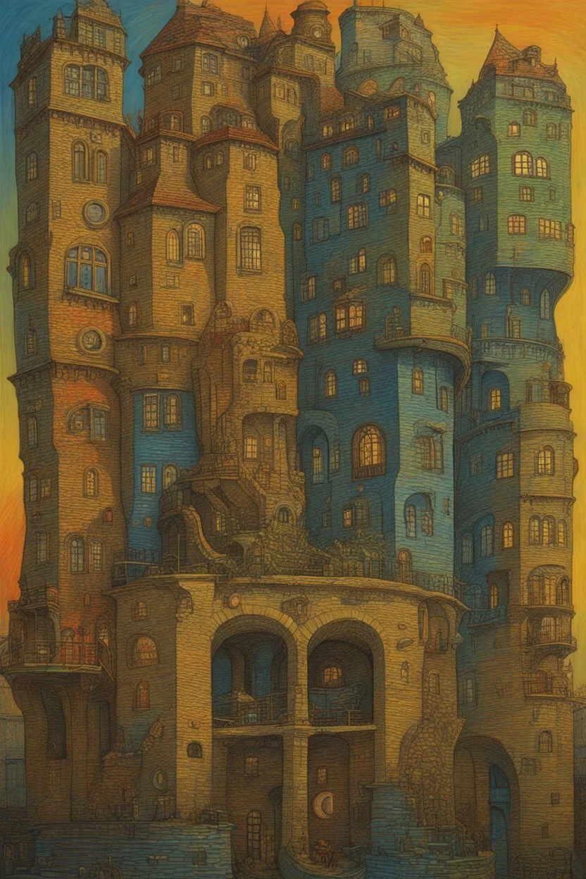 Rhetorical Fortress; Van Gogh; Hundertwasser; Giger; Golden Hour; Iridescent; Controversial; Supremely Detailed; Stupendous