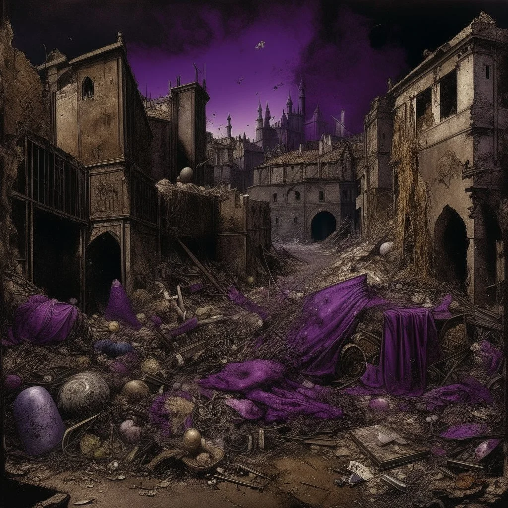 A dark purple district covered in trash painted by Leonardo da Vinci