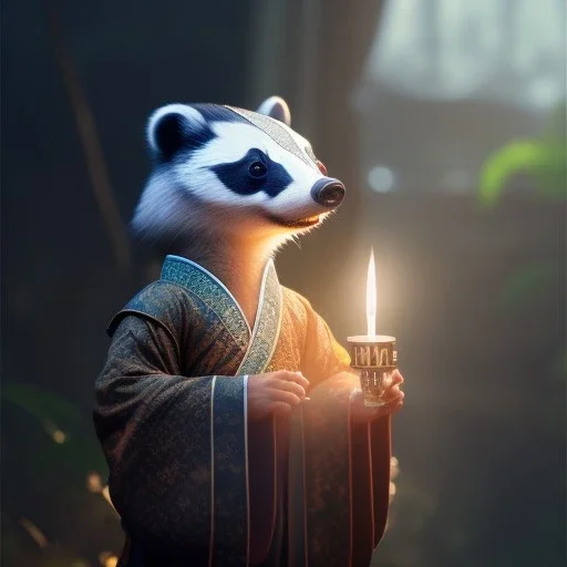 a cute litte badger wearing Hanfu, holding a large candle, BK complex detail, cinema, reality, detail, octane rendering, stoic cinematic 4k epic detailed photograph shot on kodak detailed bokeh cinematic hbo dark moody 8k, 85mm f/16 by leica