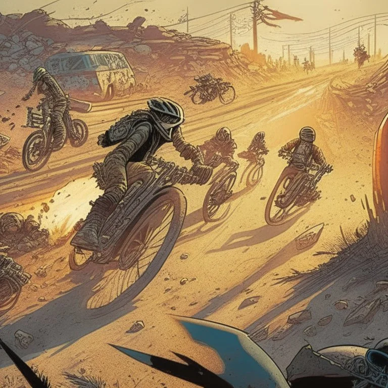 Comic panel. Wasteland bike race.