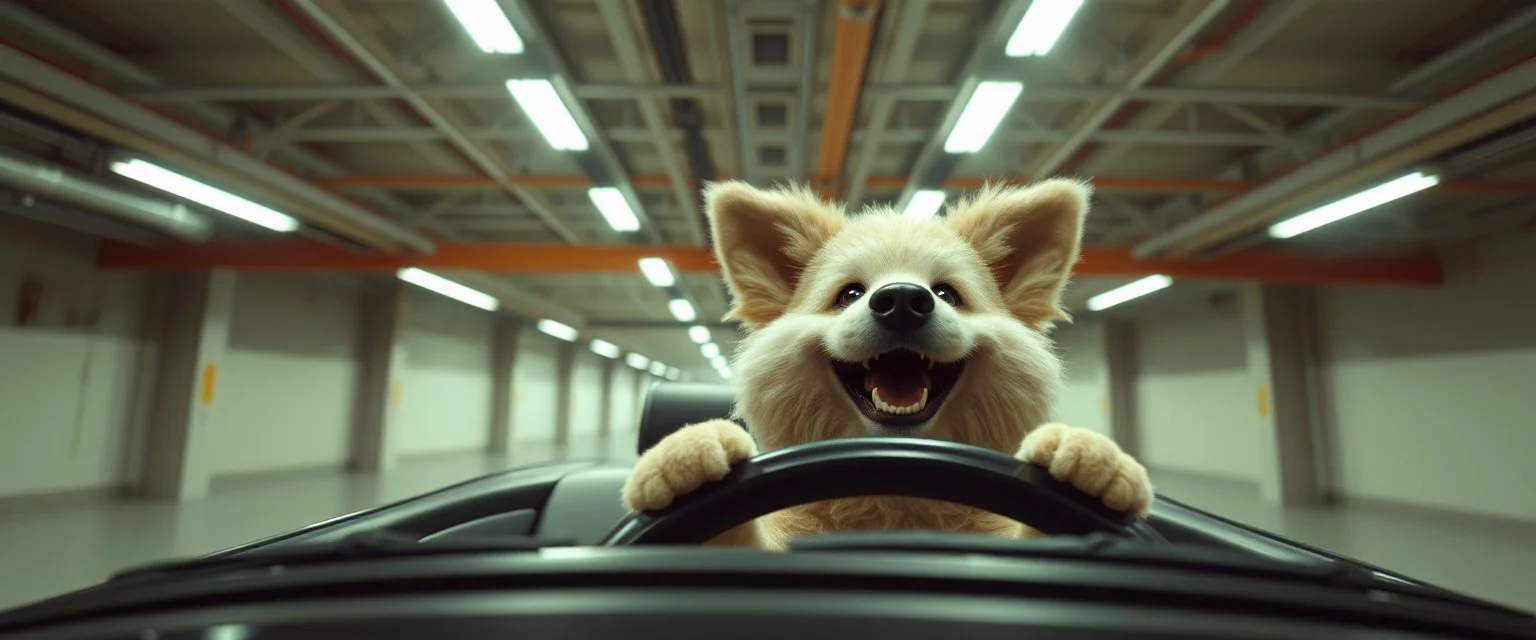 car driving happy 2d fluffy orc dog in the style of Escher and Giger and Fallout 4, pinhole cam, airbrush 3d rendering, on tv screen:A five-second cinematic single take in a clean industrial presentation hall.