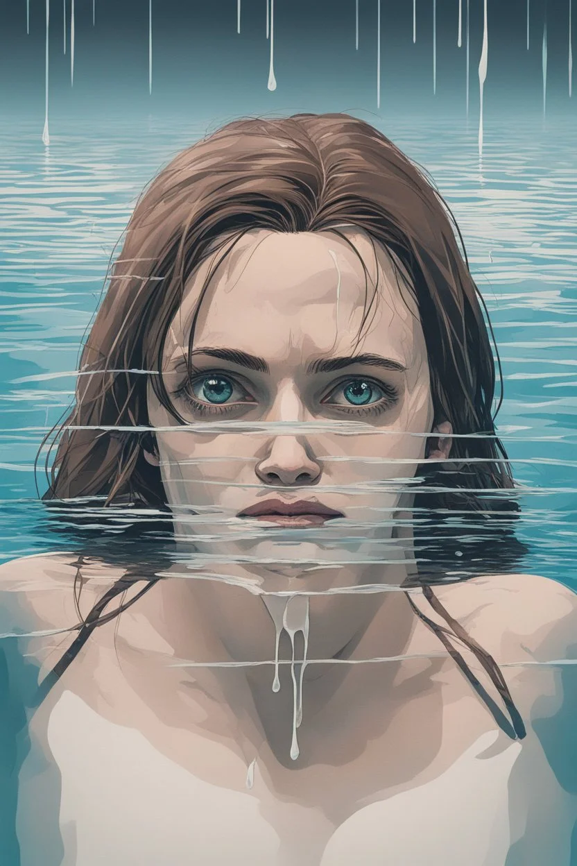 Artwork of t-shirt, Wide angle, half of face on water surface of a woman eyes are full of tears in swimming pool. Broken heart, sadness, down deep