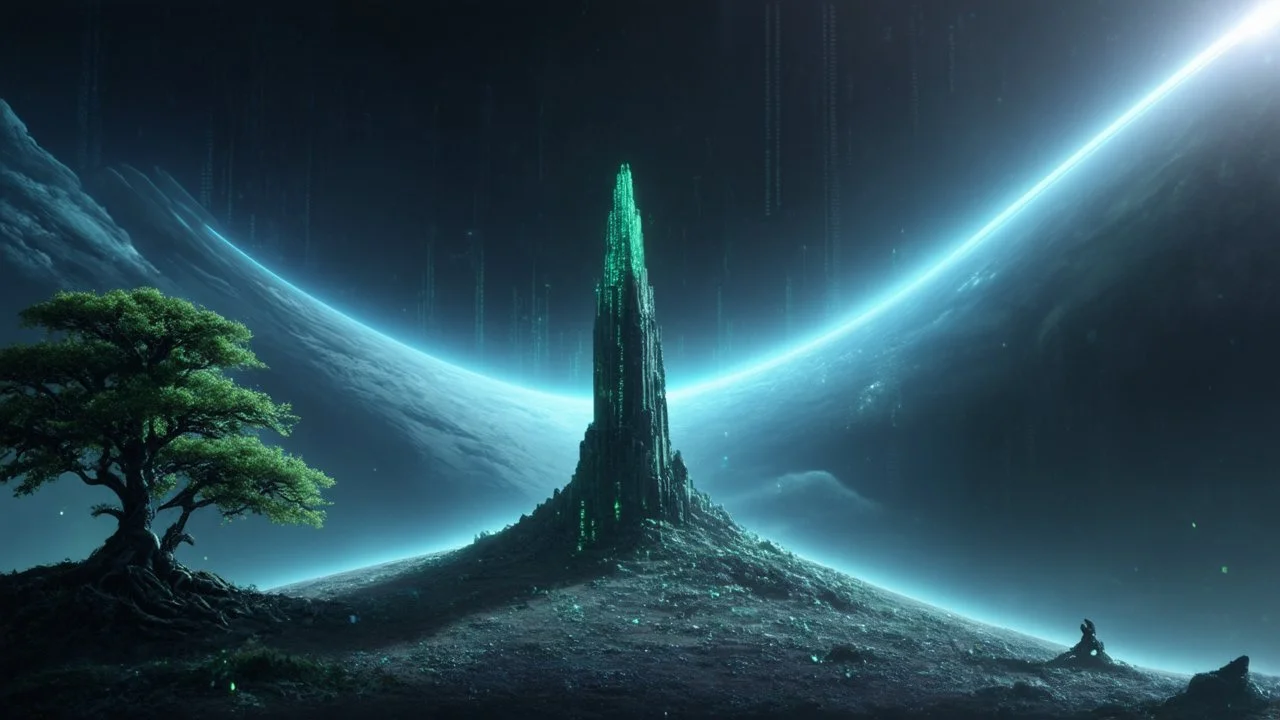 few tiberium monolith deposits on the planet with a space trees on the left and right side, matrix codes and the back ground of the angels with wings siting monolith made of tiberium crystals