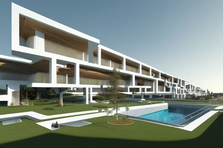 Day in algarve, a set of 20 modern luxury villas architecture building WITH STRAIGHT LINES AND CANNOPY in white render and wood stripe vertical elements with gold details, a modern hotel building with two floors and extending covered terraces, overlooking the golf course, green roofs and pools, sloped land with pinus pinea, hyper realistic 8k ultra render