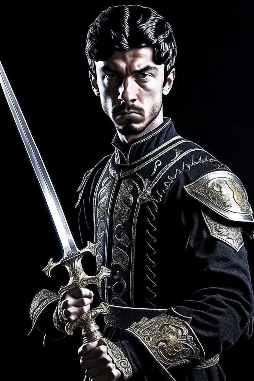 young european black hair adult royal guard swordsman with rapier