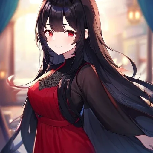 Clear focus, high resolution, black long fluffy hair, red eyes, wearing a cute outfit, kawaii