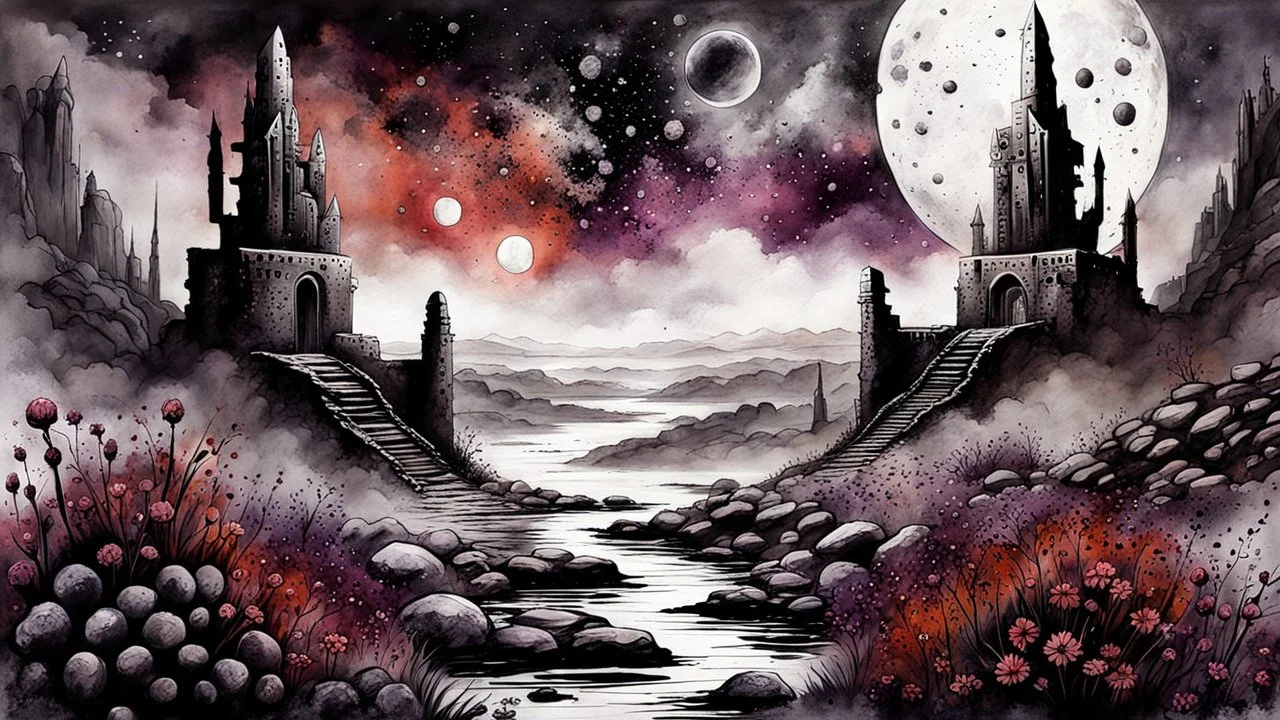 Ink wash painting , grunge, rust, detailed, gray, black, almond, light red colors, stone ruins on old planet, fantasy style, close up black purple and silver weird alien flowers , splash art, stonecrop wall, dreamy, surreal sci-fi mood, foggy lights, detailed, high textures, high contrast, masterpiece