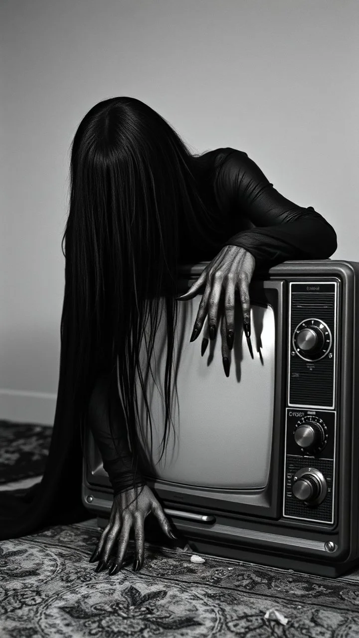 Black and white classic movie the well . A scary women wearing all black and long hair covering her face crawling out of an old tv devise both her hands on are touching the ground out side the tv but her half of her buddy is inside the tv is like getting out of tv crawling out of the tv , scary scene