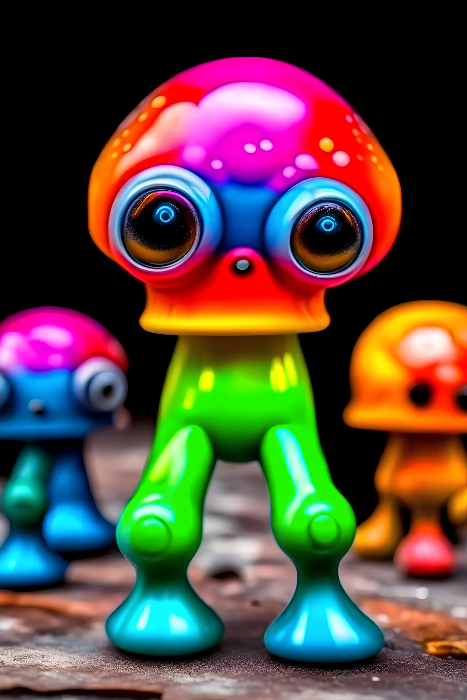 short stubby colorful mushrooms with legs and eyes