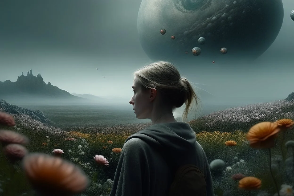 woman looking straight ahead in the foreground, a rain of flowers falls on her, in the background you can see a huge gray planet approaching the earth, reference to the film Melancholy by Lars von Trier