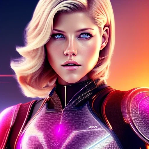 Katheryn Winnick, Cyborg anime warrior, light blonde short hair, pixie hairstyle, cobalt eyes, waist up portrait, 8k resolution, retroanime, intricate details, neon details, soft lighting, vibrant colors, masterpiece, intricate eyeliner, dark eyeshadow, eyes, intricate tattoos, gradient background