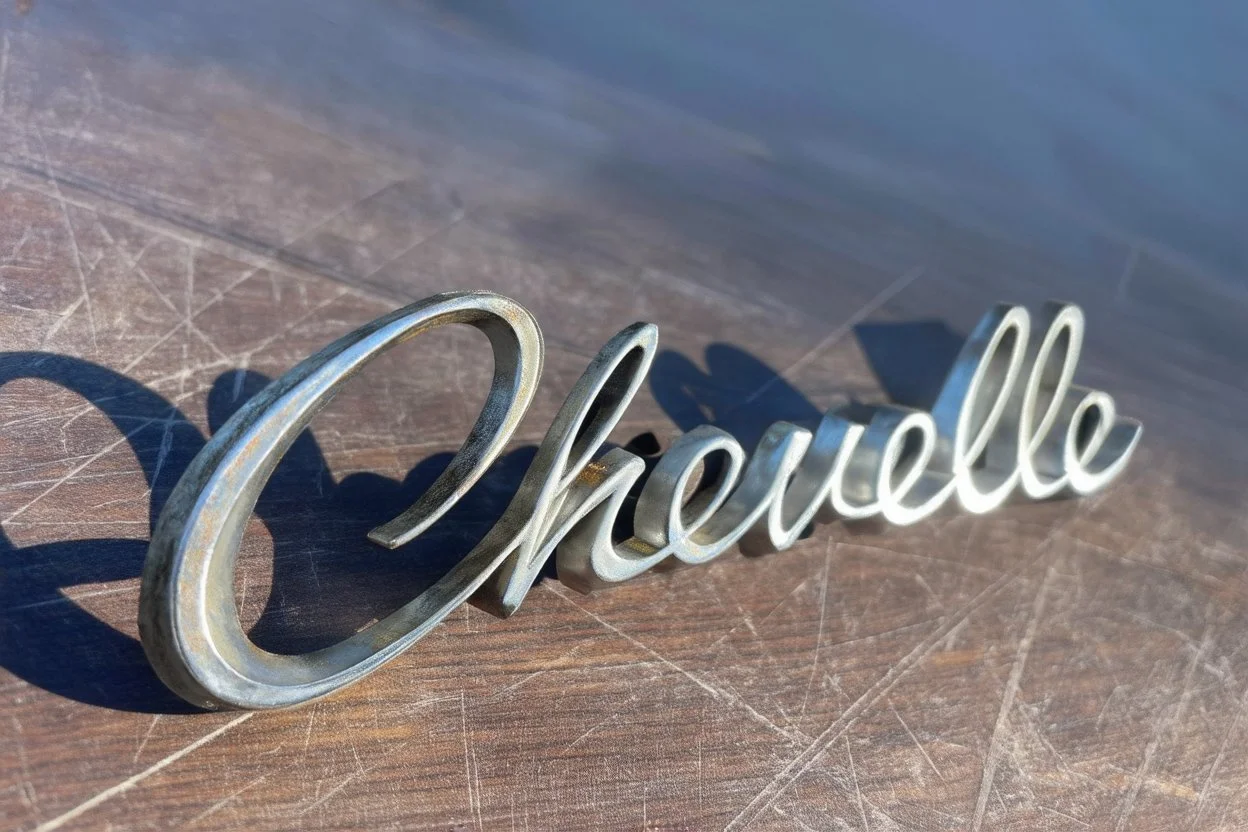 "Chevelle" nameplate 3d metal with shadow, on top of scratched wood surface