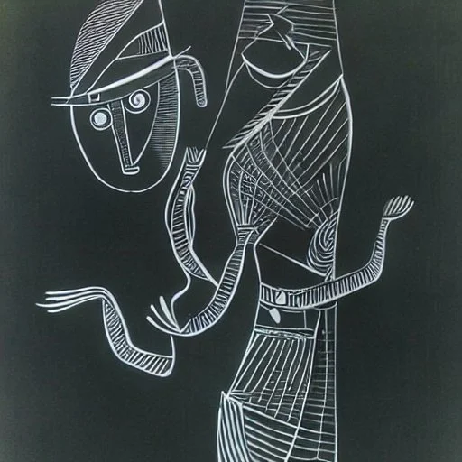 drawn in single line by Nicolai Blatter with hatch with parallel wavy lines metal engraving with spanish man dance procession in salvador dali style or picasso style