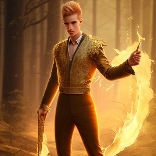 Male, Human, Blond, Sorcerer, Fire Mage, Golden Eyes, Young, Photorealism, Full Body Shot, Forest Background