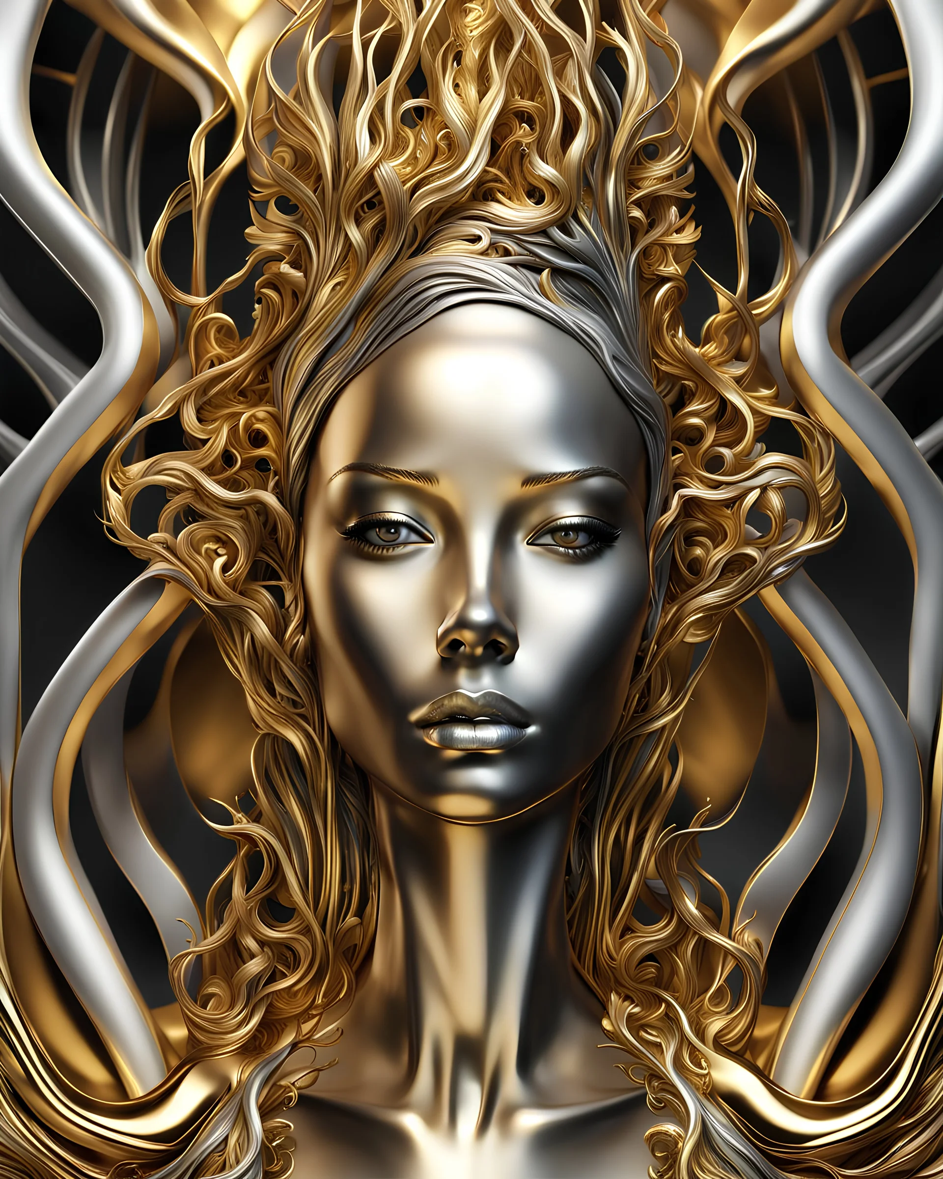 a close up of a woman's face with a gold and silver background, detailed digital 3d art, liquid sculpture, 3d render digital art, amazing detail digital art, made of liquid metal and marble, abstract 3 d artwork, incredible digital art, stunning digital art, intricate artwork. octane render, gorgeous digital art, great digital art with details