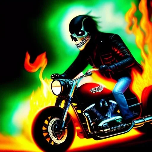 ultra detailed fullbody portrait of Ghost Rider Riding His Fire Motorcycle , extremely detailed digital painting, intrincate, extremely detailed smiling face,crystal clear Big Green eyes, in the style of Pablo Oliveira , mystical colors , perfectly centered image, perfect composition, rim light, beautiful lighting,8k, stunning scene, raytracing