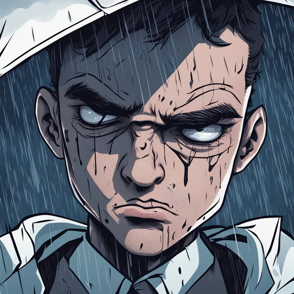 a closeup of a bored psychopathic young man no eyes in a heavy coat during a rainstorm cartoon