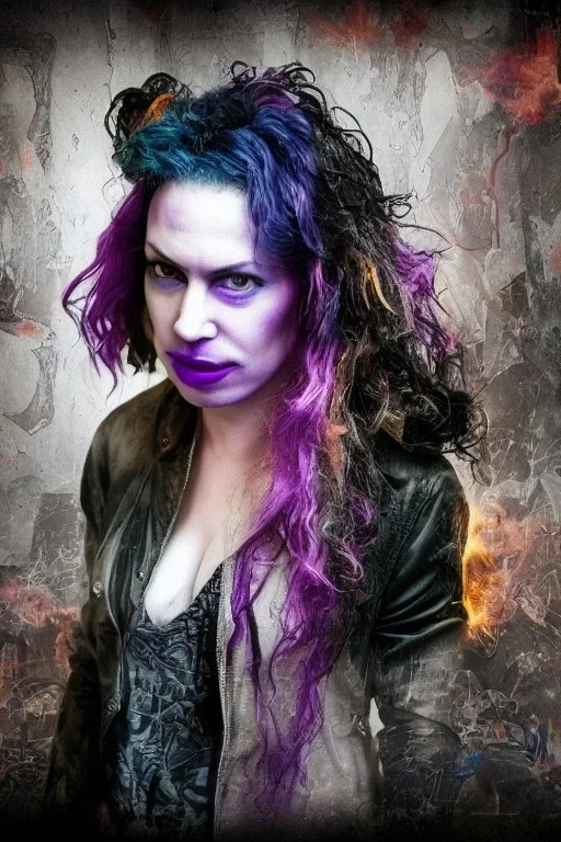 A portrait post-apocalypse of Lana Wachowski,transgender ,sin city, beauty,death,paranormal,eatheral,realistic,sharp,urple,red,fire,adorable,armaggedon,deep colours ,fire,purple,red,gold,dark,cinamatic,fantasy,demon,hell,sci-fi fantasy style, volumetric lighting, particales,highly detailed,cinamatic,ignore NSFW , masterpiece, best quality, black skinned, sparkling eyes, sun light, 8K, high