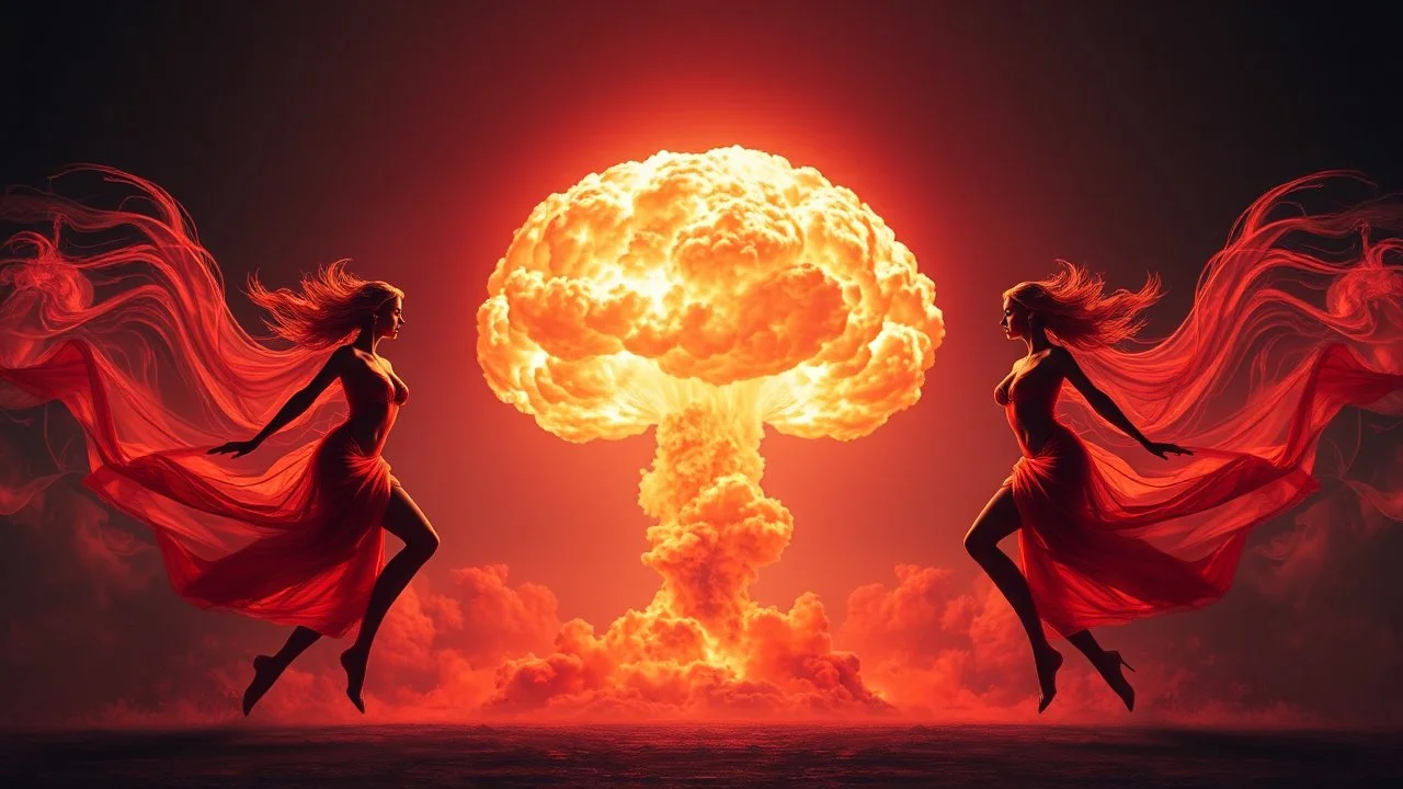 a nuclear explosion cloud(middle) with the wind and smoke(left and right sides) forming seductive dancing women