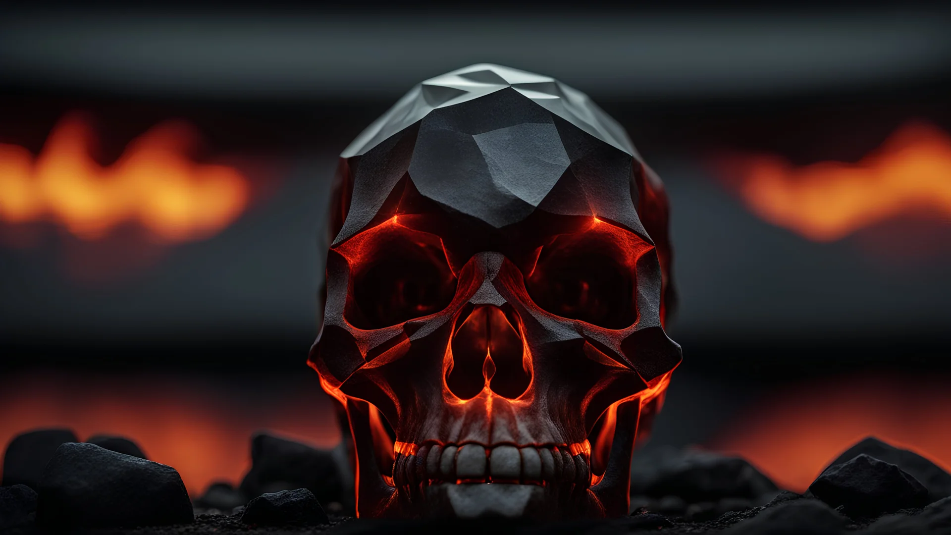 Only a frosted glass low polygonal skull, emitting light from the eyes, placed in high-temperature volcanic magma, surrounded by intense eruptions of magma, dim night, minimalist style, clean background, and focused on the product. High resolution, fine detail natural realism photography, 8k, top view, studio lighting, depth of field