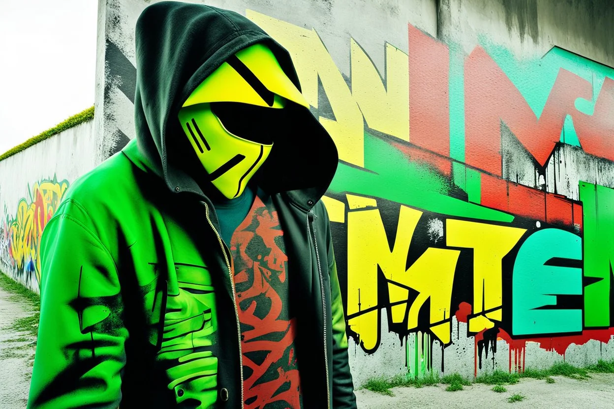 cyberpunk young man siluette in a black hood painted on concrete wall of underpass paints a complicated colorful uppercase graffiti text text word "WINTERMUTE", street art, graffiti green-yellow-black triotone, wall painted matte black and yellow and deep red, semi-front view, low angle, daylight, cinematic, dramatic