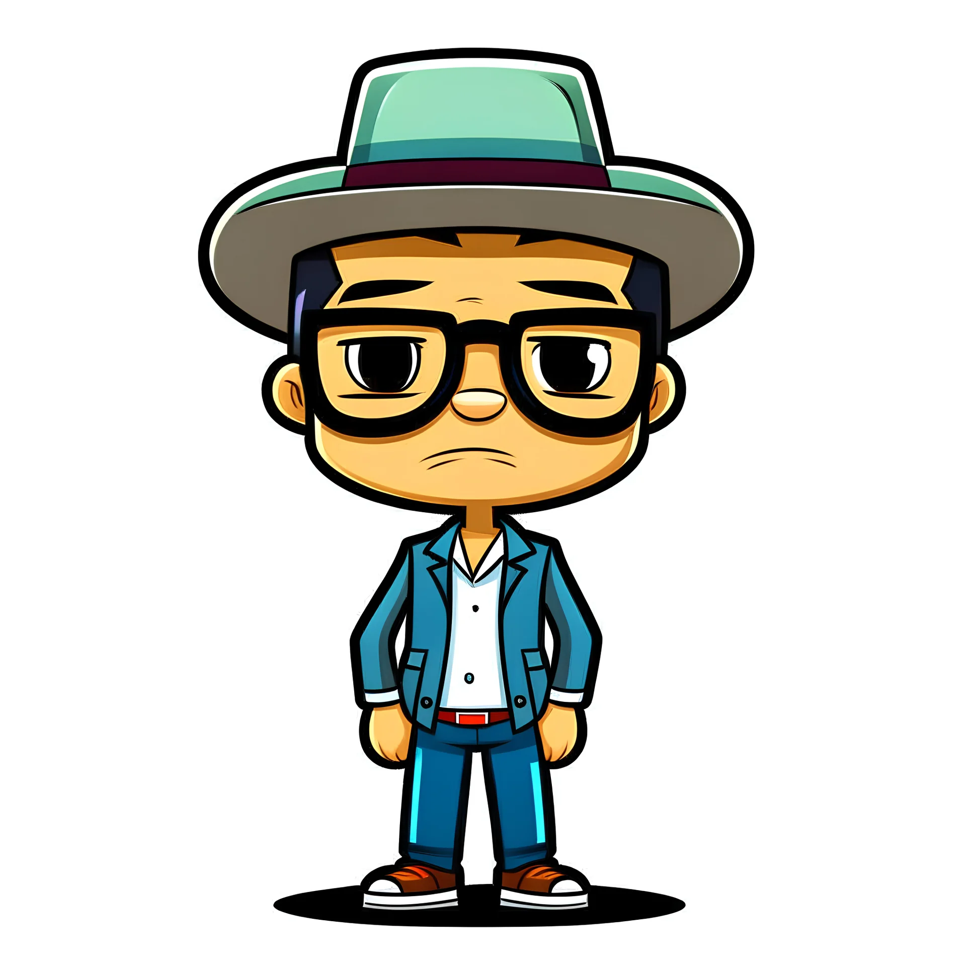 Vectores imágen of Gustavo Petro serious with hat, jeans and shirt no lentes speaking in a speech full body chibi