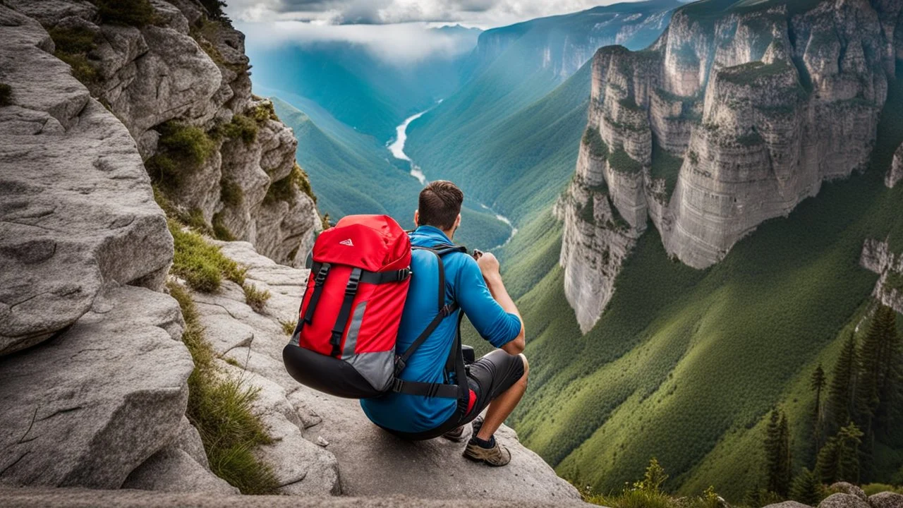 photo from a man falls down the mountain with a backpack, he falls from a high cliff into the abyss, detalied, Professional photography, natural lighting, canon lens, shot on dslr 64 megapixels ,sharp focus