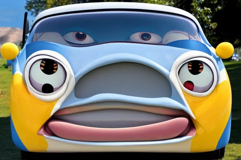 whimsical cartoon car with big eyes and its front grill forming a friendly smile