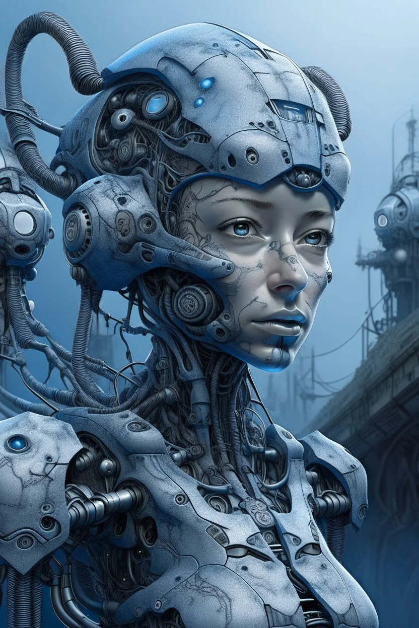 Cyborg female evolving | concrete floor | detailed | fine art | highly detailed | smooth | sharp focus | ultra realistic | full body portrait view, Mysterious,blue metal, smile