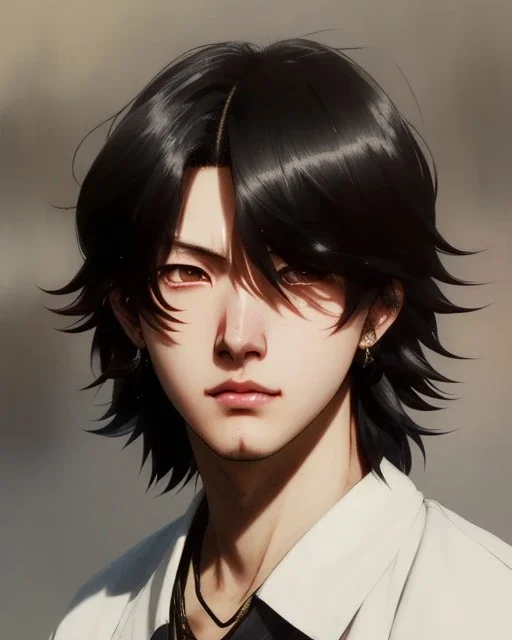 Detailed sad male anime boy with long brown hair, intricate details, full body portrait, keep head in frame, slight, black Japanese motif, concept art, highly detailed, digital painting, concept art, sharp focus, illustration, art by Yoji Shinkawa, WLOP and greg rutkowski and alphonse mucha and artgerm and yanjun Chen and Junji ito and Makoto Shinkai, HDR, octane render