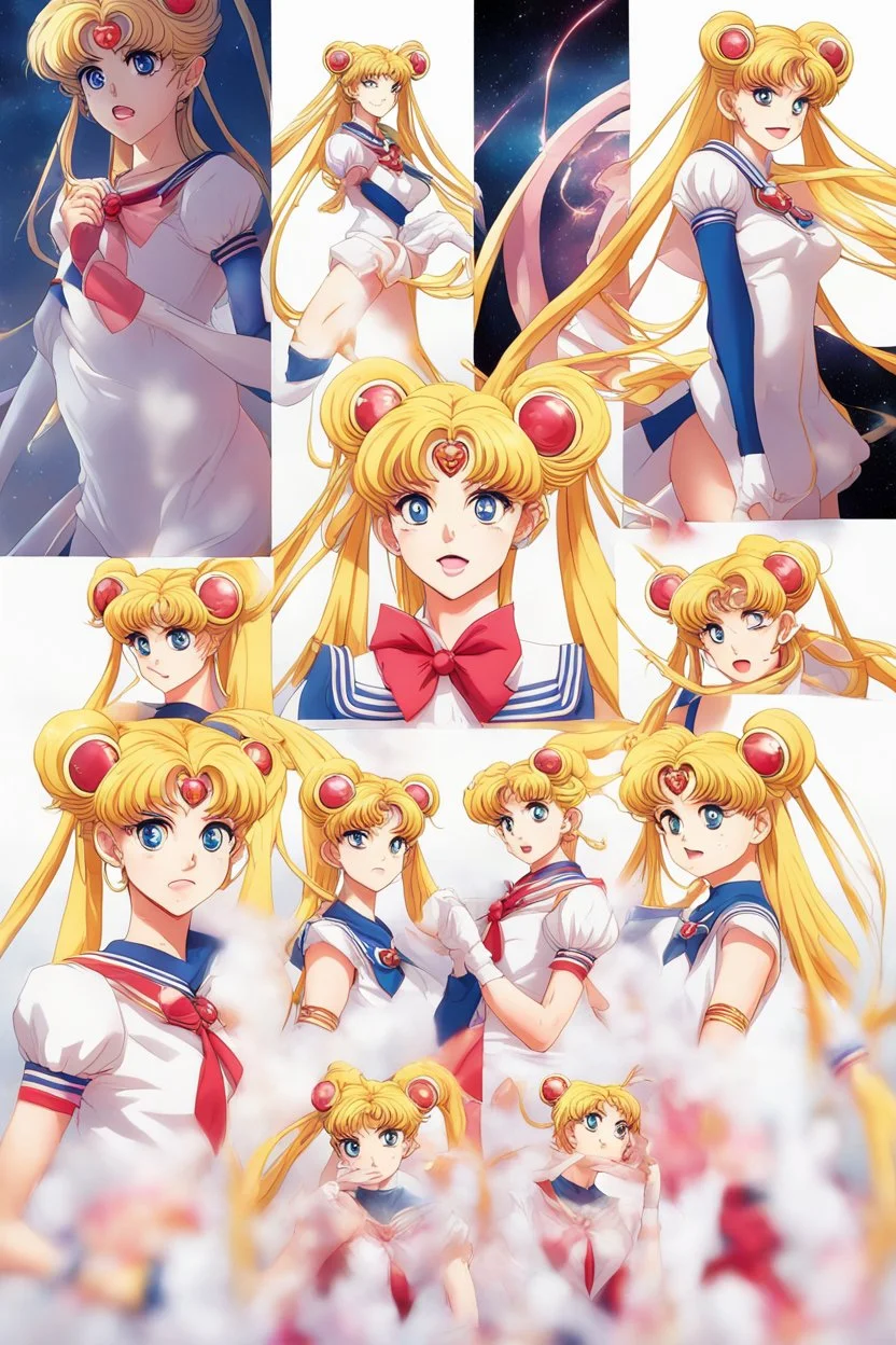 Create a stunning, full body, photorealistic illustration of Sailor Moon's transformation sequence, highlighting her evolution into a beautiful and powerful woman. Ensure that the details, colors, and lighting capture the essence of her character and the magic of the transformation, make no distortion, no deform of any body, no ugly face and eyes, lips, make sure its full body frame,