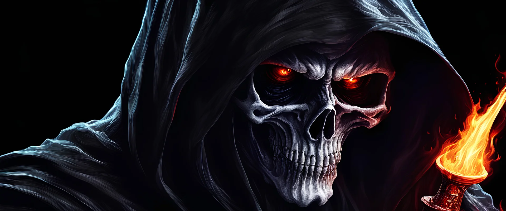 ultra high image quality, hell infused Grim Reaper Close-up of an set against AMOLED-worthy pure black backdrop, fantasy art style infused with filter, tailored for vertical wallpaper, exclusive design with no duplicates, radiating beauty suitable for a PC screen image, vivid colors, ultra fine, digital painting.