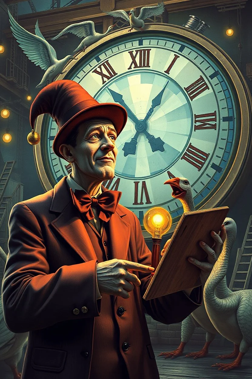 news muscle gambler scientist journalist harlequin playing geese dinosaur reptiles in very bright light bulb factory on the docks with twisted ladders with the most a confused look on his face in front of a huge glass prism clock with angels, in the style of Escher and Dali