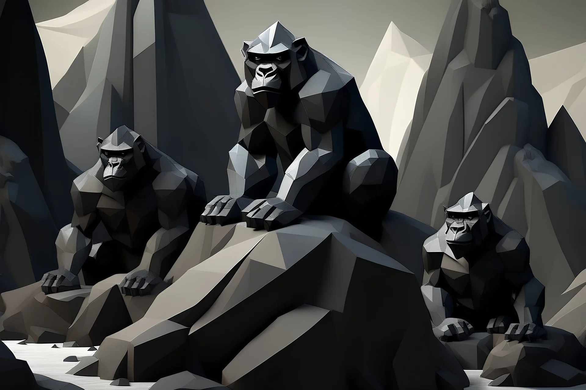 llow-poly, cutout, deconstruct, sharp edges, extreme minimal art, dark brown, black and dark grey colors, like higher poly rocks looks like foure gorillas it blends into the rock in the background to a road, background is rocks