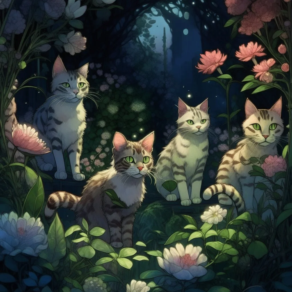 group of Cats standing under vines with flowers, in the pale moonlight, watercolor, black ink Modifiers: elegant intricate 8k cinematic lighting very attractive beautiful award winning imperial colors crisp quality Unreal Engine colourful matte background cinematic postprocessing Michelangelo acrylic art Thomas Kinkade Alphonse Mucha focused