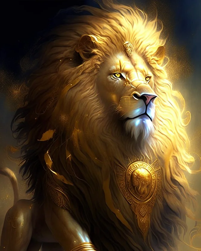 A mystical nemean lion with impenetrable golden fur and an enchanting aura, known for its legendary strength and wisdom.