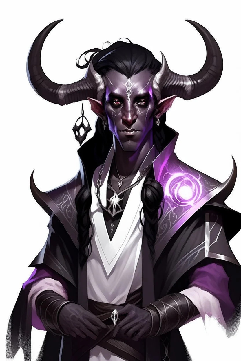 En Young male Black skin black hair tiefling White Wizard with large Black horns with a bit of Purple horns same size going from the front to the back. glowing Silver and White symbols