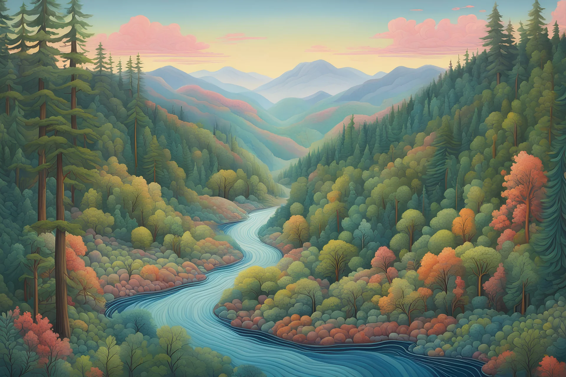 a dramatic, highly detailed painting of a lush Pacific Northwest forested river valley landscape in the pale light of dawn, in the style of David Hockney, and Sam Lewis Francis mixed with random Zentangle patterns, rich natural colors, museum quality masterpiece Modifiers: 4K 3D 极简主义 插画图 高分辨率 高立体观感