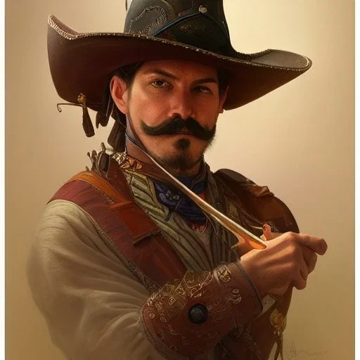 portrait,"Insanely detailed photograph of a western mustachioed crossbowman", charo detailed, sequenced Sombrero, detailed D20 flair, digital painting, artstation, concept art, smooth, sharp focus, illustration, art by artgerm and greg rutkowski and alphonse mucha, 8 k