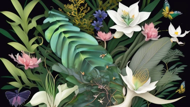 Floral composition of Jade Vine, ghost orchid, Lotus, Camellia japonica, Banksia, Dicentra Formosa, assorted leaves, and butterflies on a deep dark background