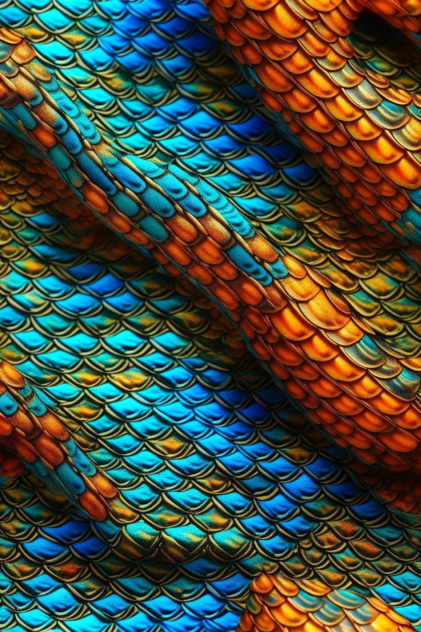 A shimmering, textured textile inspired by the scales of a mandarin fish. This could be a scarf, a wall hanging, or even a small garment like a bolero jacket.